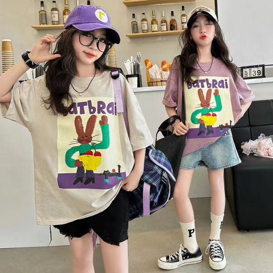 FG25053008女童短袖t恤夏季2025新款兒童上衣女孩T卹中大童夏裝體恤寬鬆