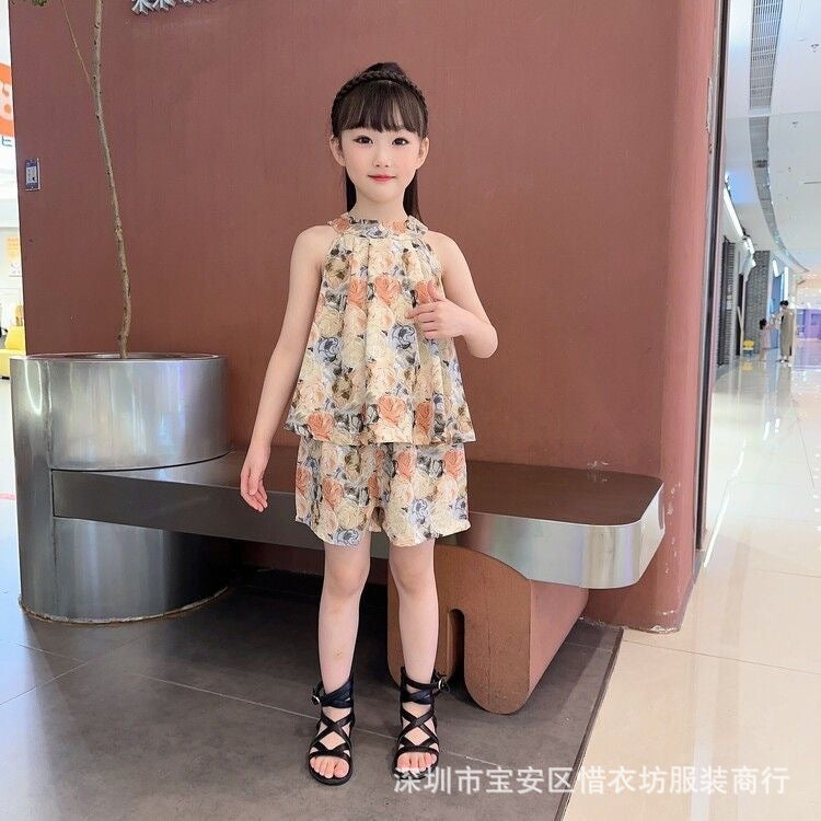 A25072303女民族風夏季新款女童無袖套裝兒童女孩洋氣薄款雪紡中小童