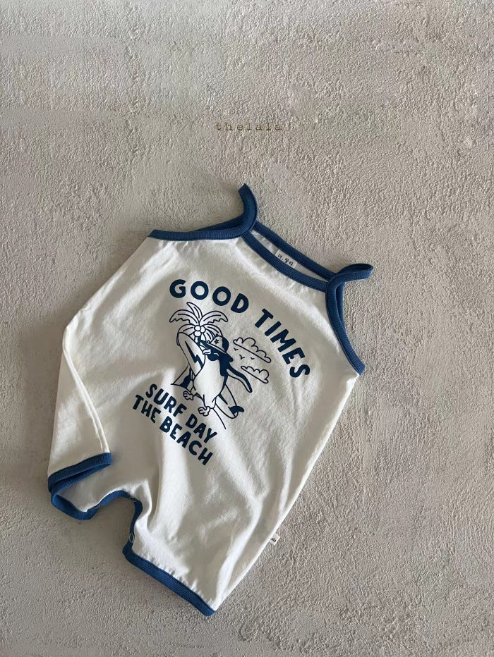 GB23080310韓版ins新款夏季兒童吊帶連體哈衣卡通英文包屁短爬清爽寬鬆童裝