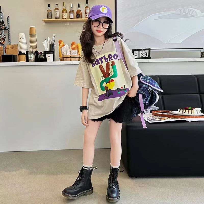 FG25053008女童短袖t恤夏季2025新款兒童上衣女孩T卹中大童夏裝體恤寬鬆