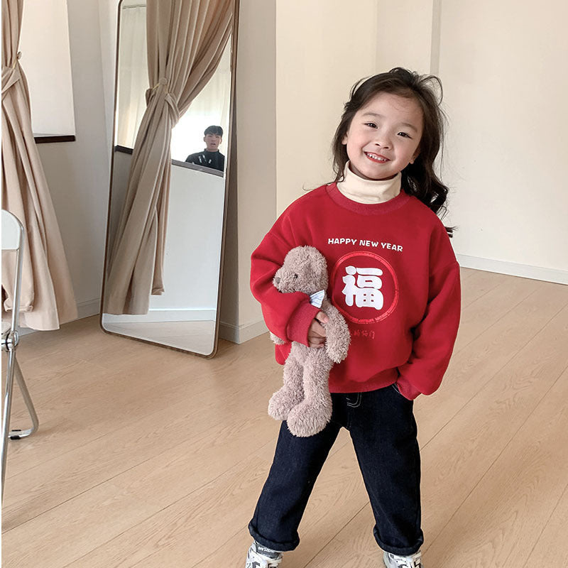 CA24011803新款女童過年平安喜樂衛衣加絨加厚圓領拜年服紅色寶寶兒童上衣潮