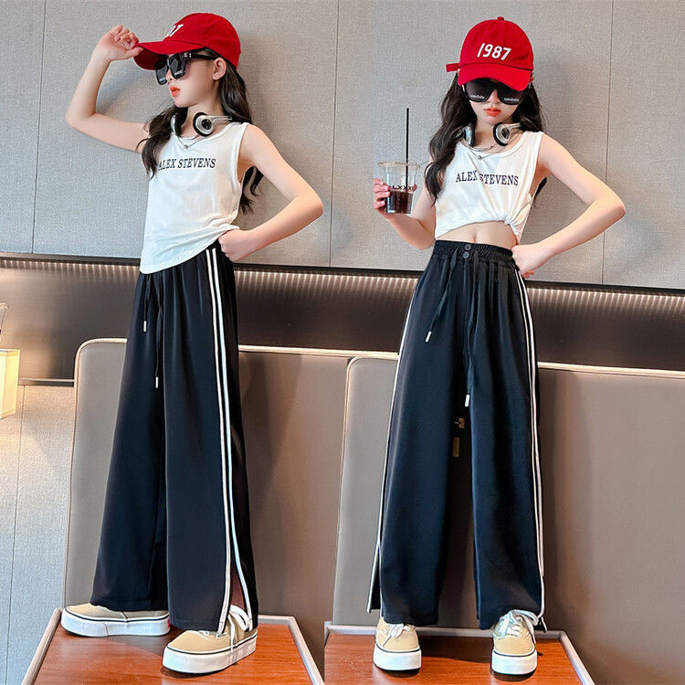 F24050712女童夏裝套裝2024時尚兒童時尚無袖背心寬鬆褲子女大童夏季兩件套