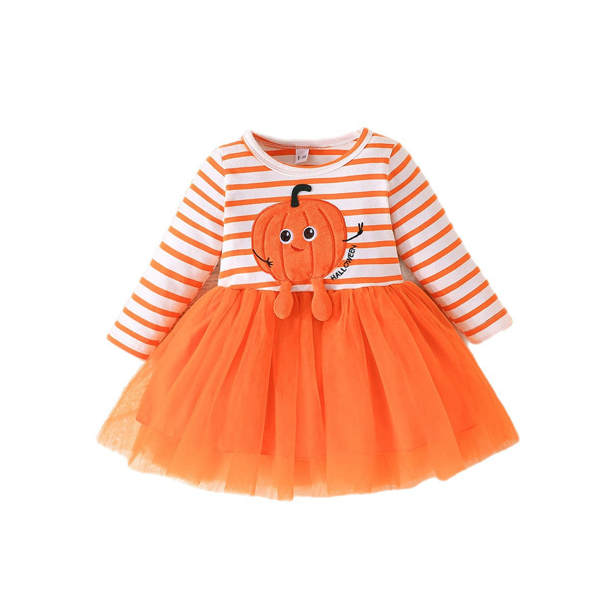 Z25091119跨國電商女嬰萬聖節款卡通南瓜印花橘白條紋長袖網紗
