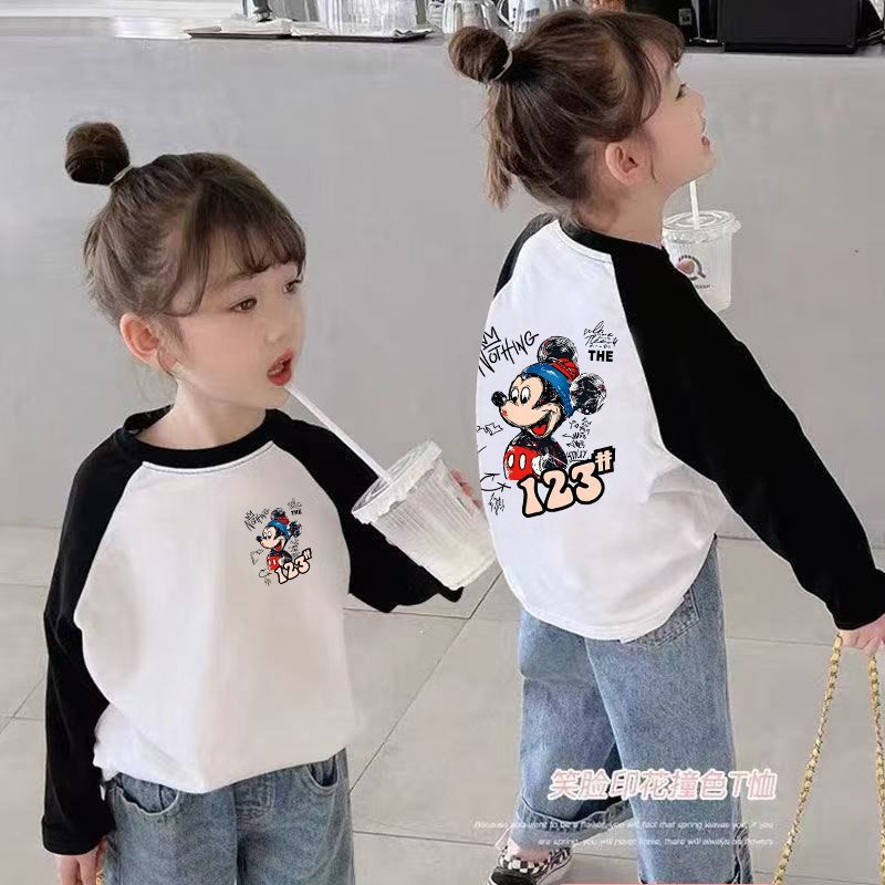 CE25091901女童長袖t卹春秋裝新款兒童撞色卡通洋氣女孩中大童打底上衣