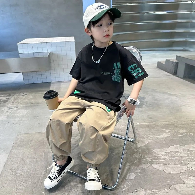 🎈精品童裝🎈FH25062716男童夏裝長褲套裝新款大兒童夏季短袖衣服潮帥氣時髦男孩夏款