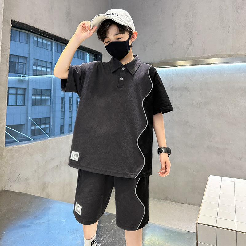 🎈精品童裝🎈FH25062701男童套裝夏季中大童夏裝男孩個性拼接短袖休閒運動兩件套