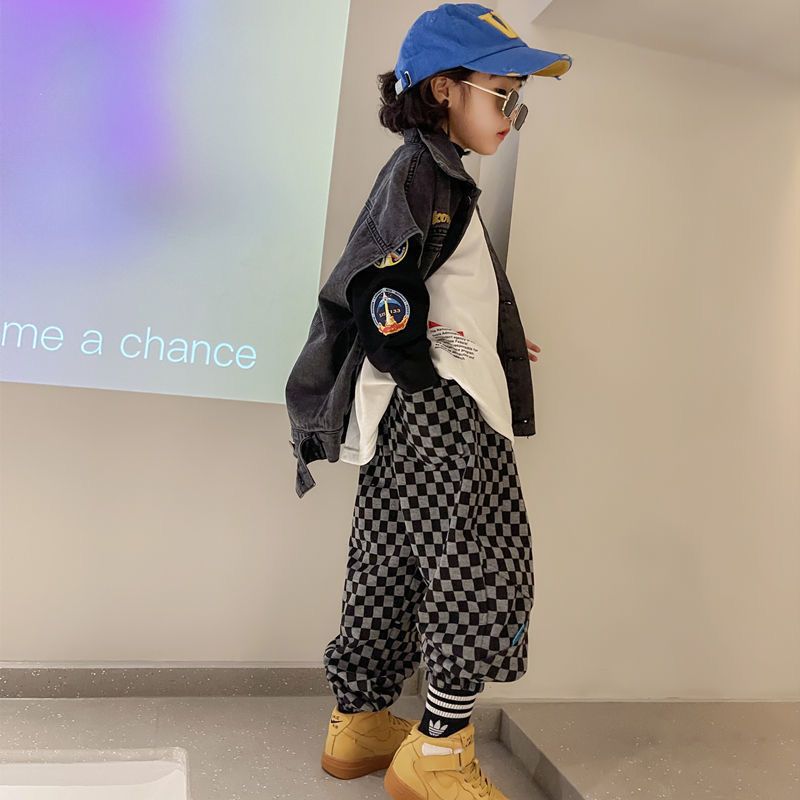 FB23081726男童春秋季褲子2023新款韓版男孩簿款格子休閒長褲兒中大童束腳褲
