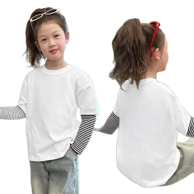 CE25091902女童純棉長袖T恤兒童假兩件條紋上衣春秋裝新款小孩洋氣打底衫