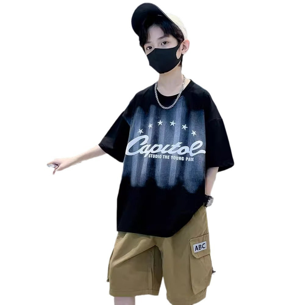 F24050706男童夏裝短袖男童2024新款體卹中大兒童夏季潮牌男孩半袖套裝