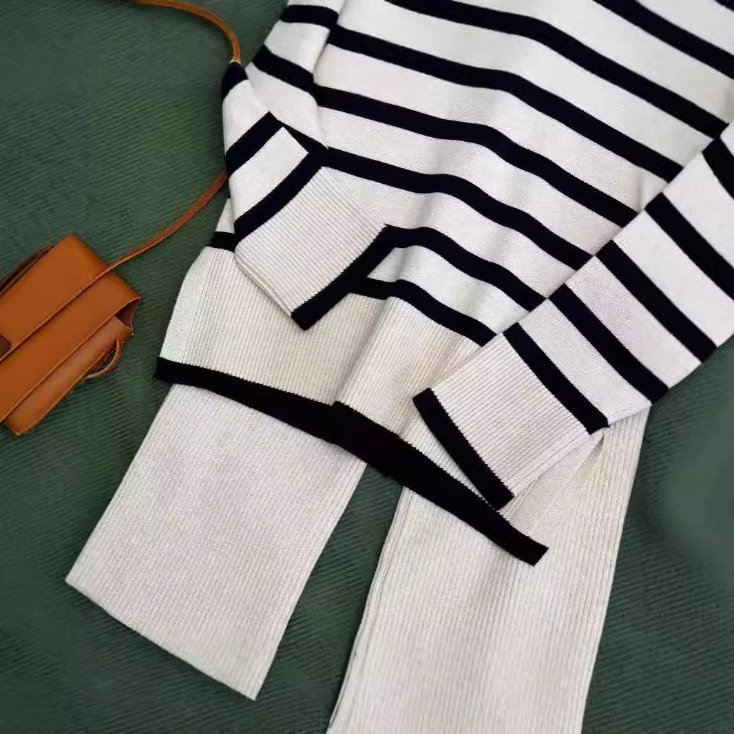 CF25091916童裝韓國版套裝秋季復古條紋毛衣套裝女童套頭毛衣修身闊腿褲