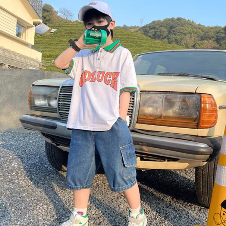 F23050215男童夏裝短袖套裝2023新款韓版休閒POLO衫-中大童