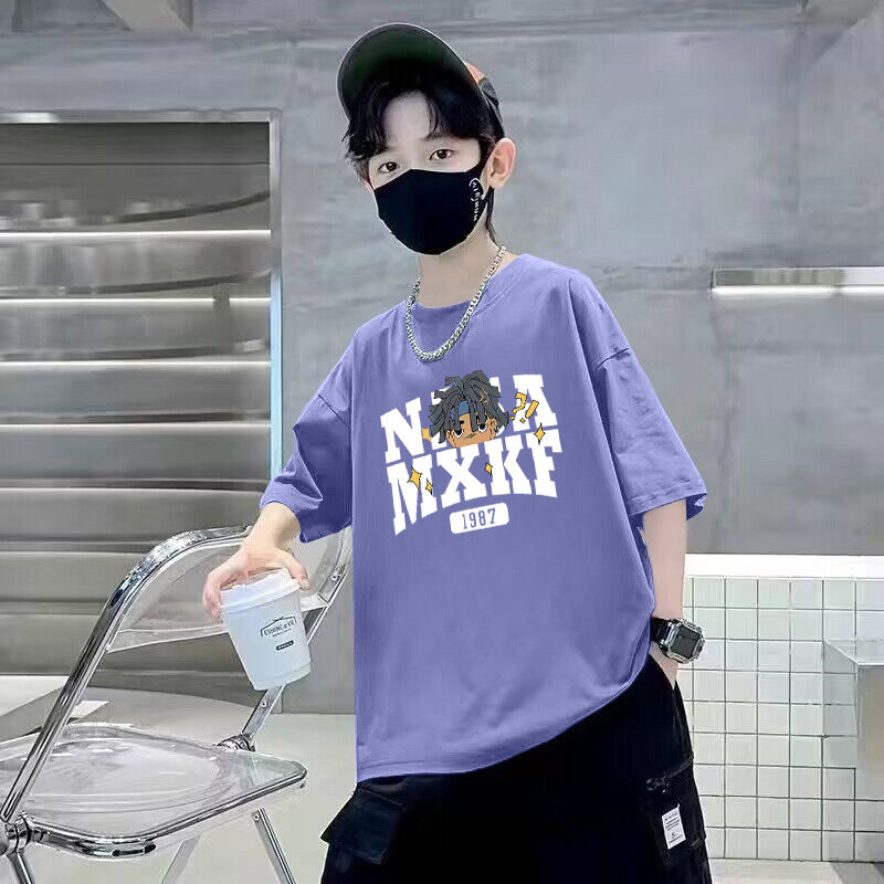 Z25030421男童短袖T恤純棉夏季新款卡通印花圓領中大童寬鬆休閒帥氣T恤潮