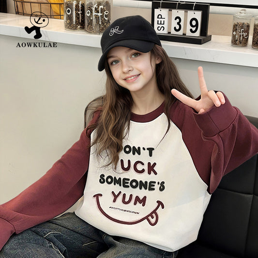 FI25101408女童秋季韓版新款百搭長袖衛衣中大童寬鬆撞色上衣兒童衛衣批發