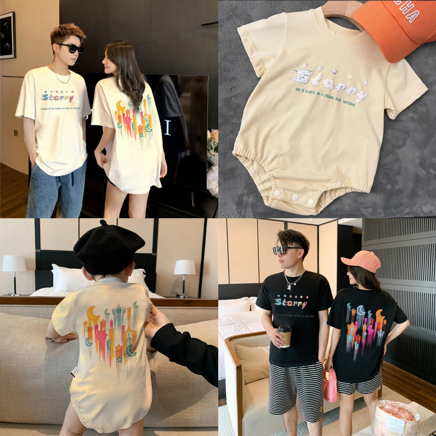 L23070615網紅炸街親子裝夏裝潮一家三口嬰兒爬服母子母女洋氣純棉星星t恤