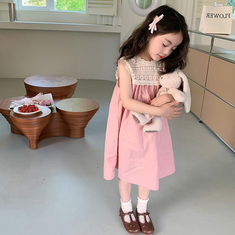 Z240328女童公主裙夏季新款韓版蕾絲繡花無袖背心裙低中小童