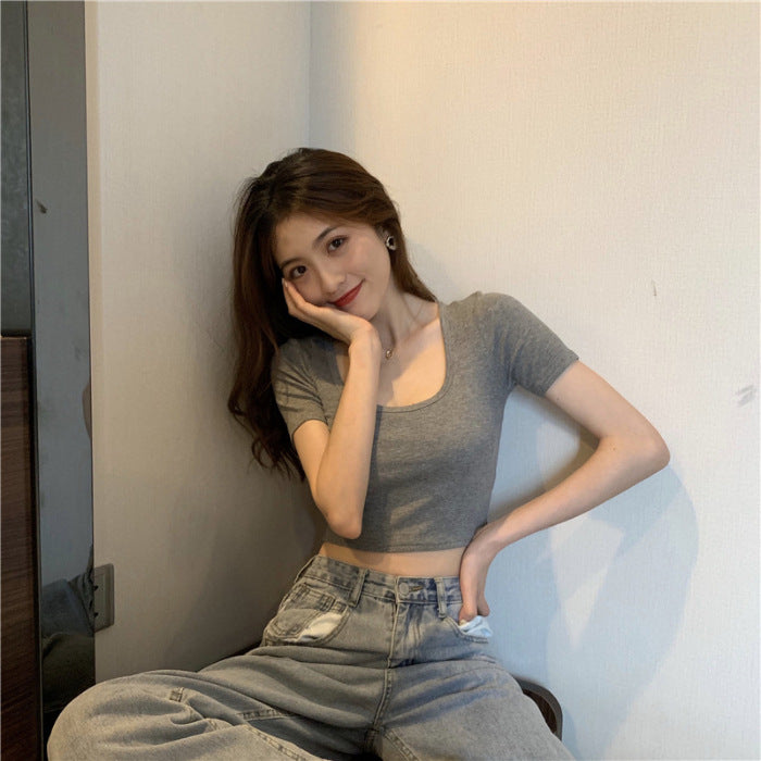 Z24070205夏季短袖T恤女韓版修身露臍短款T恤女裝批發外貿