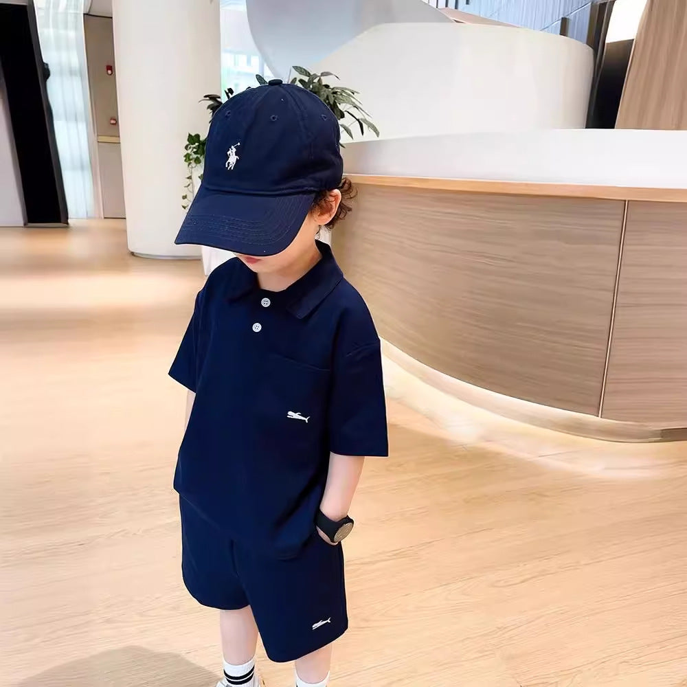Z25033102兒童POLO領套裝洋氣男童中大童休閒兩件套夏季寬鬆百搭運動套裝