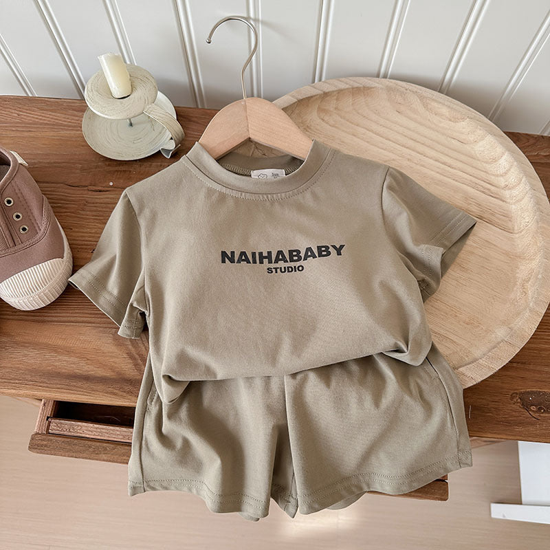 J24022903童套裝2024夏款男童女童寬鬆休閒舒服韓版印花字母兄妹裝運動套裝