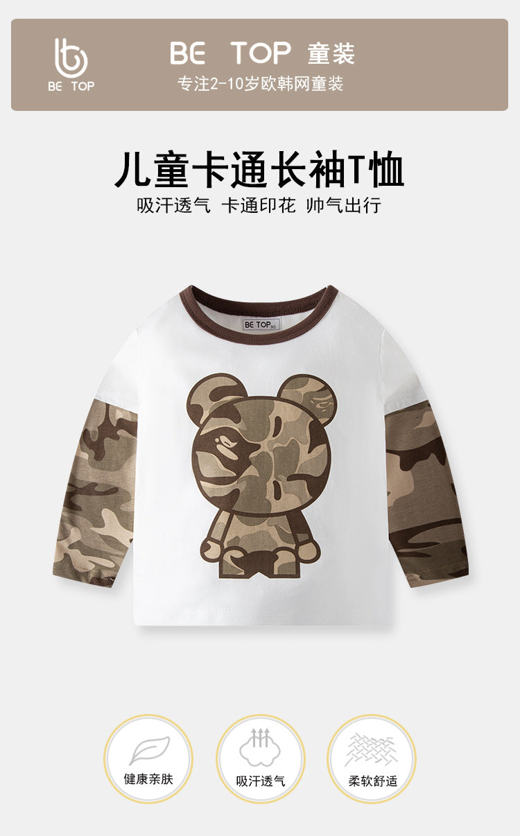 B23092108童裝新品秋季寶寶拼色迷彩小熊男童長袖T恤純棉圓領兒童上衣