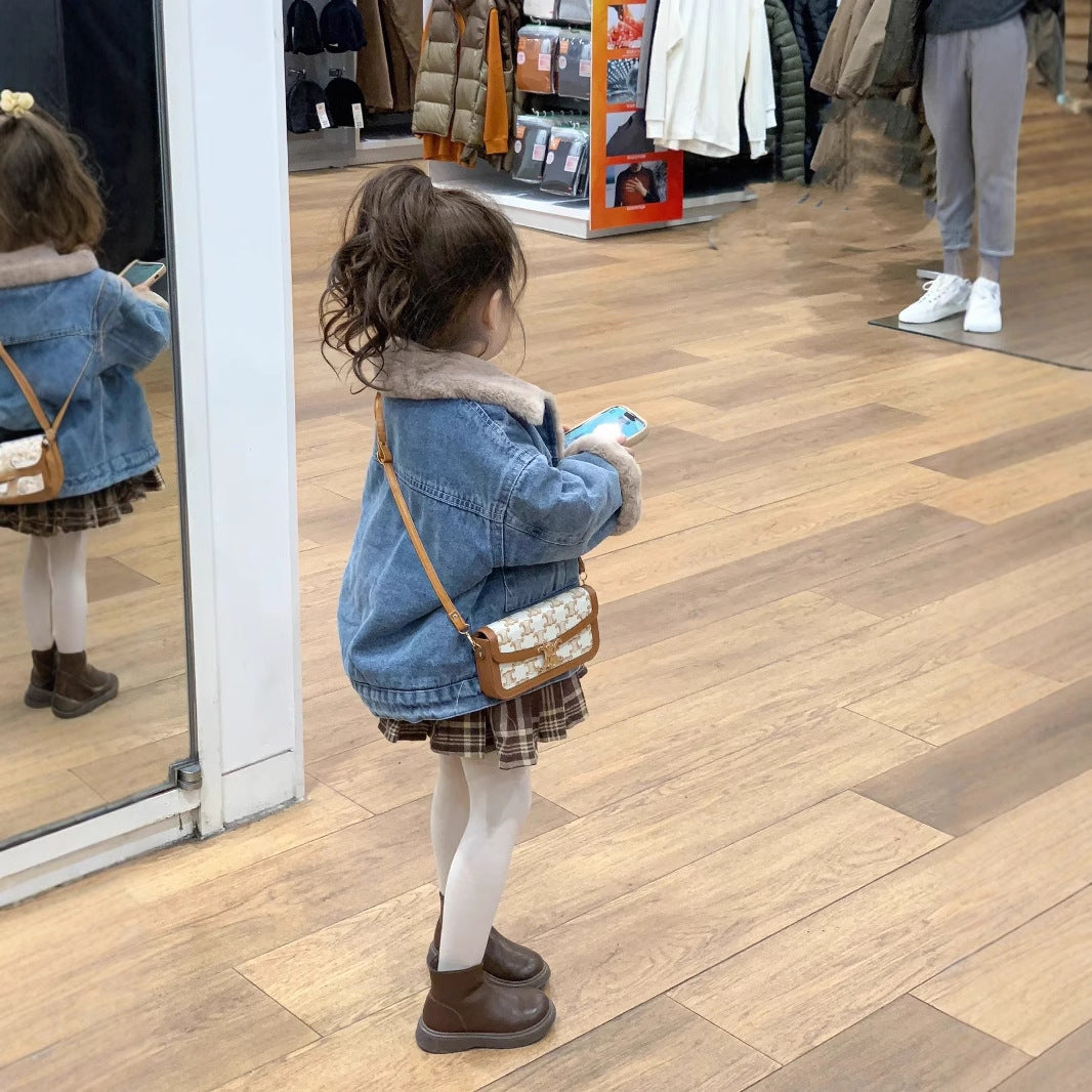 CG25103014兒童加絨外套秋冬裝男女童韓版灰兔毛內裡保暖加厚牛仔外套