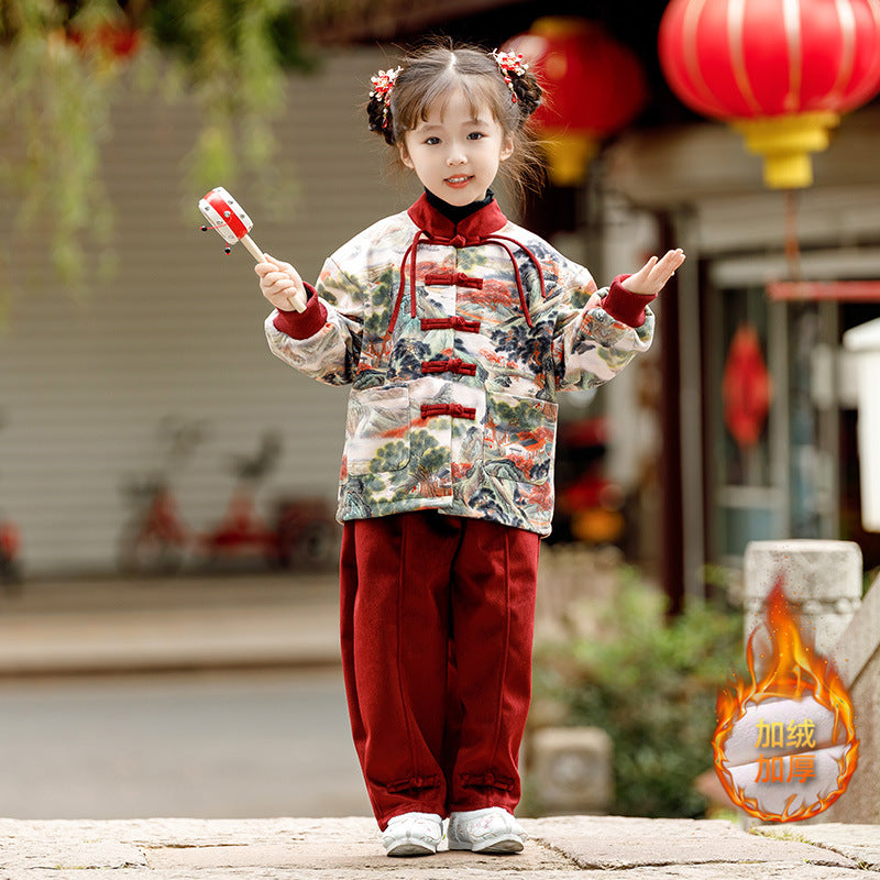 Z23122111漢服男女童同款加絨喜慶冬款中國風唐裝外套新年裝兒童套裝拜年服(9-12天到貨)