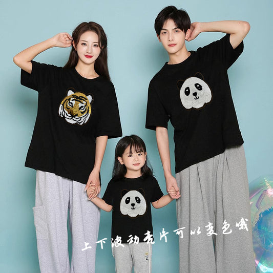 Z24032330老虎變熊貓趣味亮片T恤親子裝夏季時尚男童裝大眾休閒兒童上衣