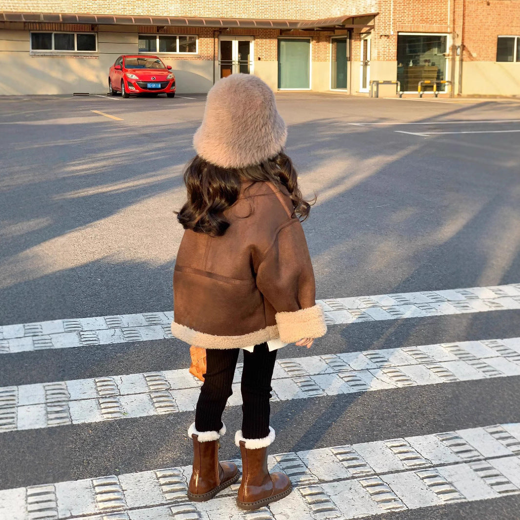 CG25103011冬季女孩休閒寬鬆加厚保暖加絨皮大衣翻領皮毛一體皮絨裙子