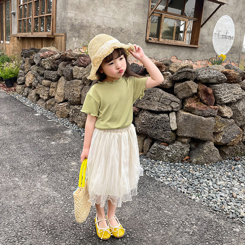 CA25052104夏季新款冰絲莫代爾女童短袖T恤木耳邊純色內搭打底衫兒童服裝潮