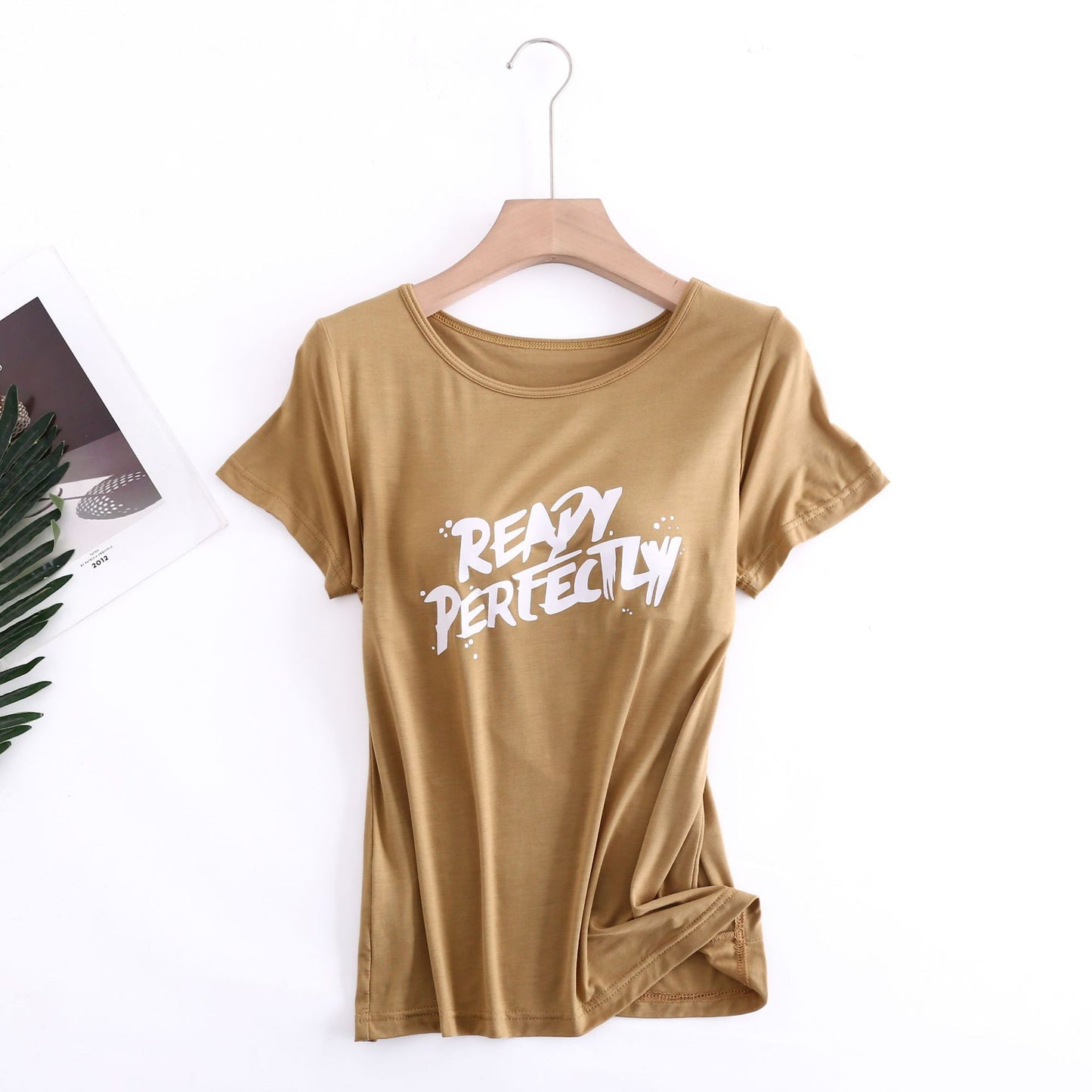 Z24070209莫代爾印花短袖女用胸墊無鋼圈大眾版短袖bra-t罩杯連身式半袖