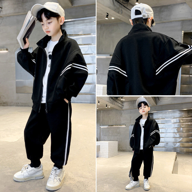 FC23120718男童春秋款套裝2023全新中大童洋氣休閒兩件衛衣春裝兒童棒球服(9-12天到貨)