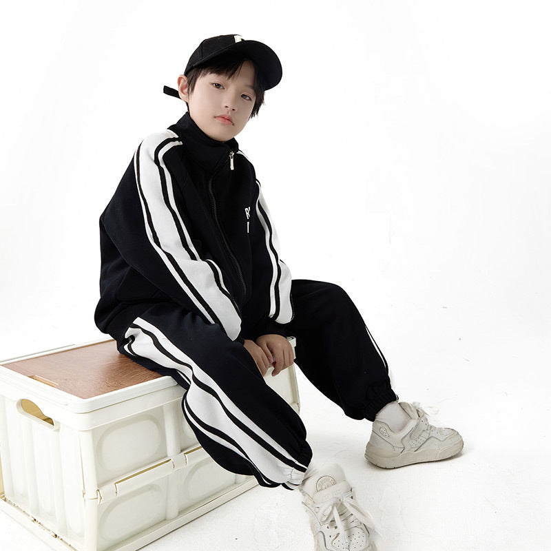 FF24102518新款黑白拼色男童運動衛衣套裝兒童秋裝兩件套(9-12天到貨)