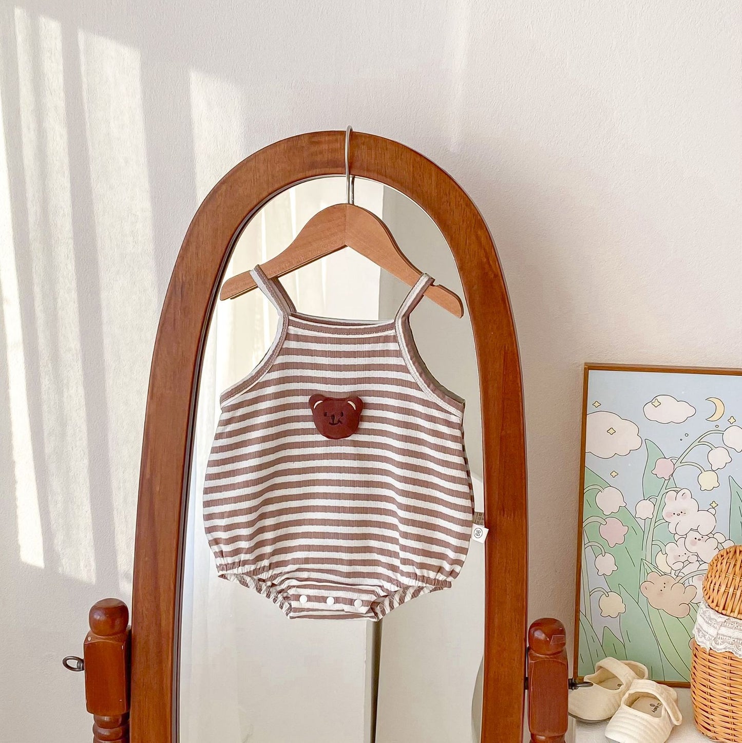 G24072102韓版嬰兒寶寶夏日小吊帶洋氣時尚兒童條紋原點卡通哈衣爬爬服