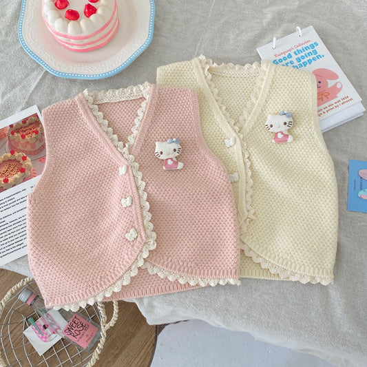 G25092506秋冬新款坎肩V領疊穿開襟背心純色蕾絲邊馬甲女針織衫百搭毛