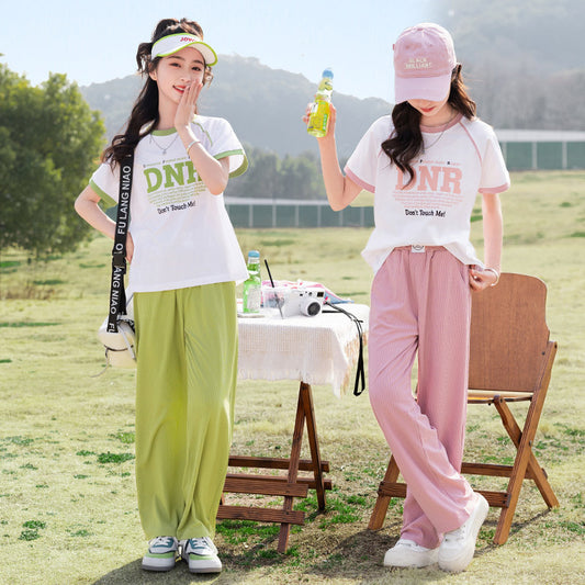 FE24070105夏季中大童休閒套裝針織短袖女童褲套裝雙色任選(9-12天到貨)