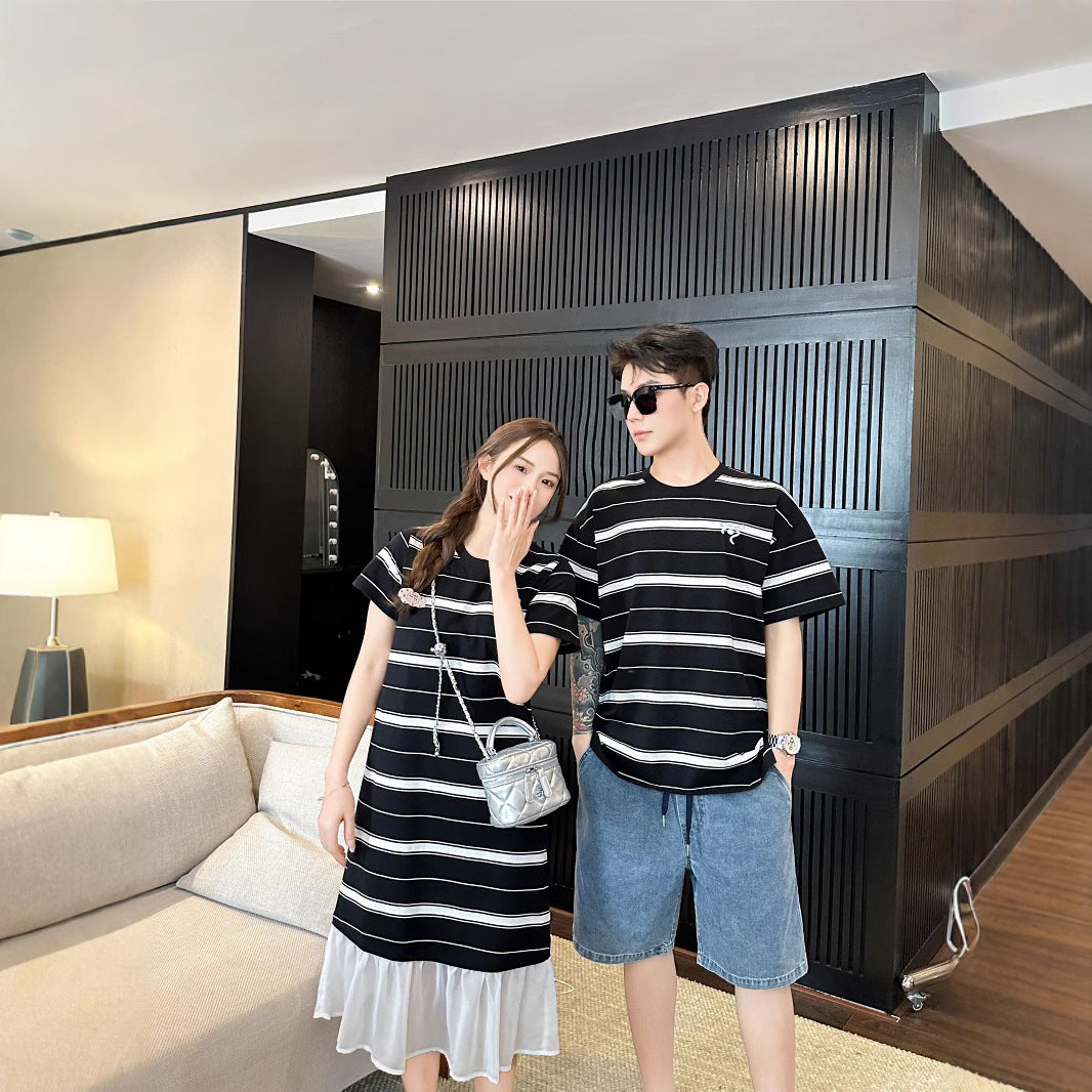 L25041714時尚親子裝夏季2025全新三口條紋嬰兒母女韓系度假休閒家庭裝