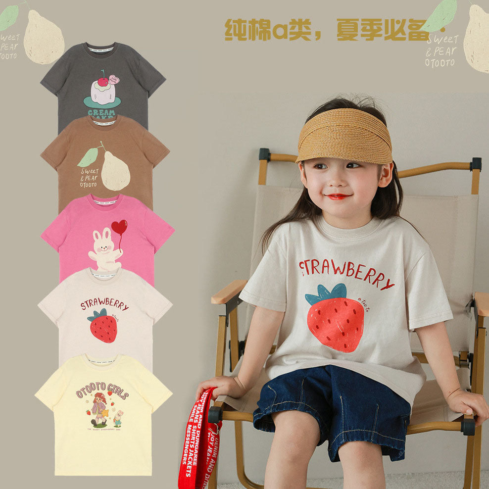 CA24042804女童短袖糖果色T恤童裝純棉8色潮範2024夏日短褲寶寶單品代發外貿