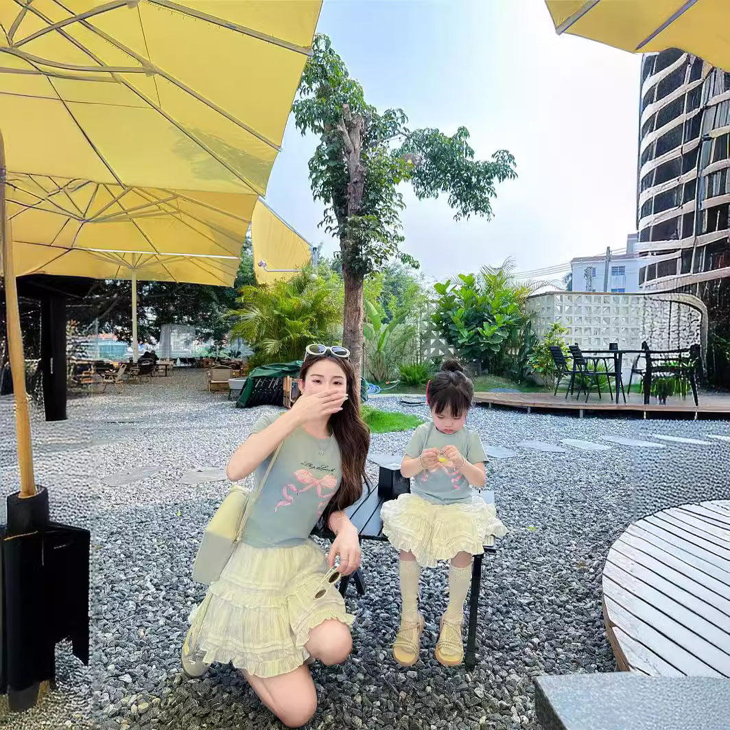L25041707親子裝2025夏季潮短袖套裝蕾絲短裙幼兒園親子活動家庭裝潮母女裝