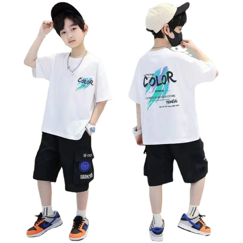 FG25053006男童夏季套裝2025年新兒童夏裝短袖中大童痞帥男孩韓式拼色衣潮
