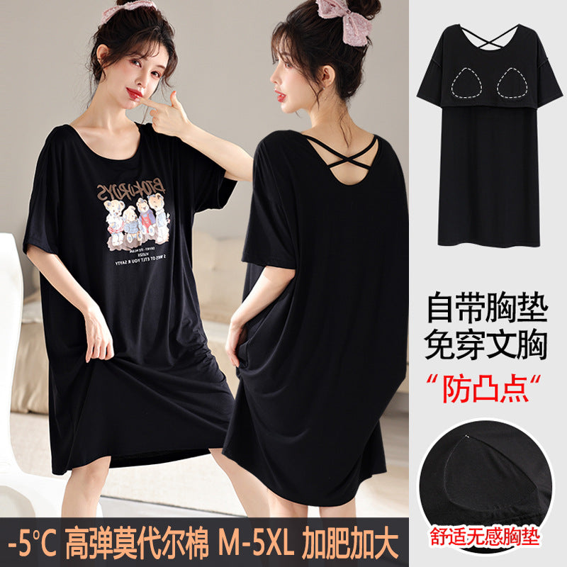 Z25040126自備胸墊一體式睡裙女款夏季短袖睡裙夏天莫代爾可外穿