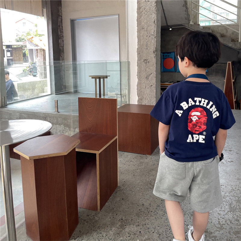 Z25030420男童短袖T恤棉夏季新款卡通印花圓領中大童寬鬆休閒帥氣