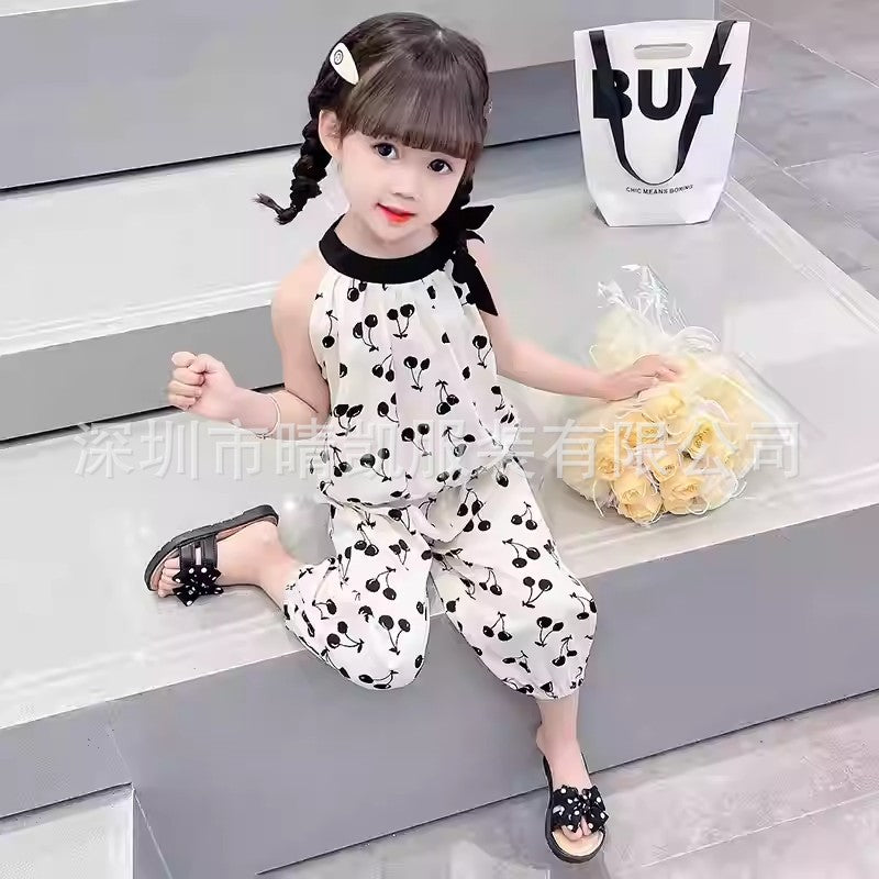 A25072305女童夏裝休閒套裝新款洋氣兒童中小童女孩櫻桃掛脖吊帶兩件套童裝