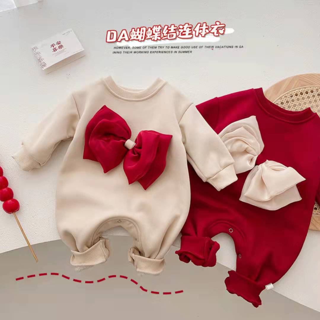 Z23112701韓版ins嬰幼兒拜年服新生兒加絨連身衣爬爬服冬季寶寶蝴蝶結長爬