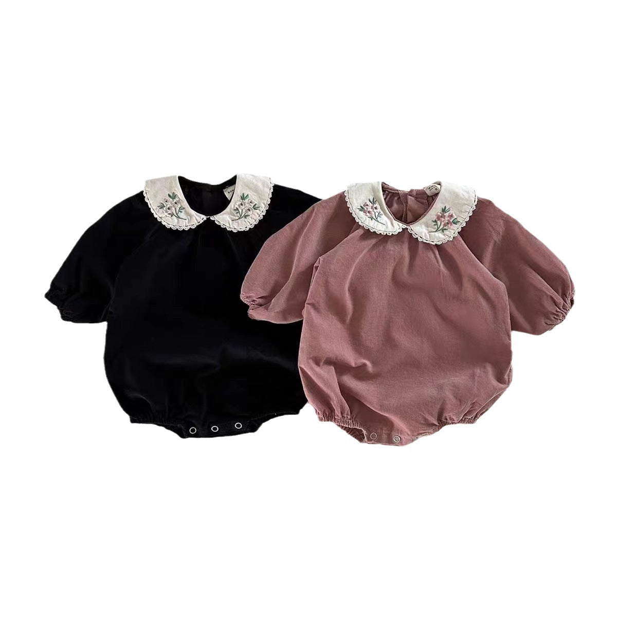 GB23091416 ins嬰幼童春秋款長袖爬服蕾絲連體衛衣繡花翻領男女寶寶簡約洋