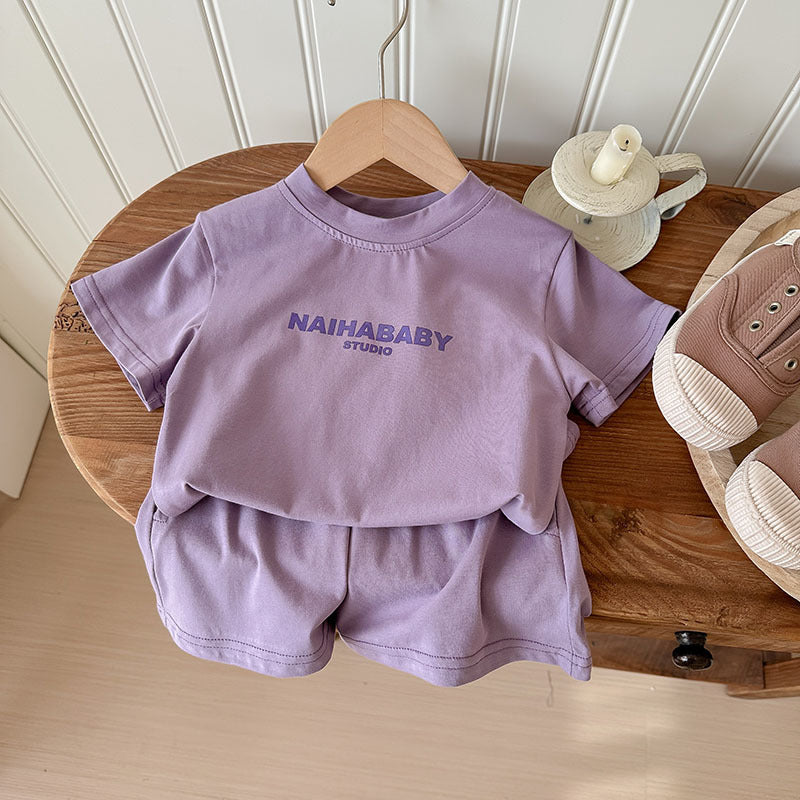 J24022903童套裝2024夏款男童女童寬鬆休閒舒服韓版印花字母兄妹裝運動套裝