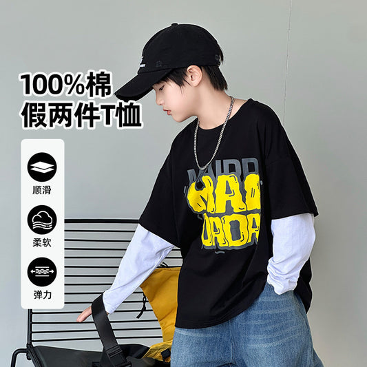 FF24102510新品創意袖假兩件兒童秋裝純棉上衣童裝男童長袖t恤(9-12天到貨)