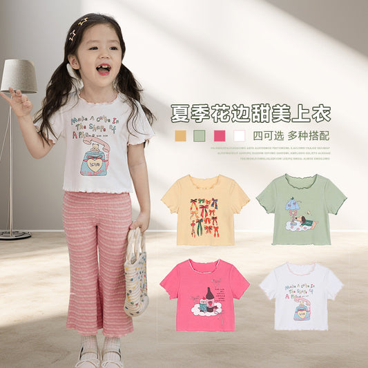 Z25030910女寶寶木耳邊T恤女童短袖上衣洋氣新款卡通印花半袖打底衫潮