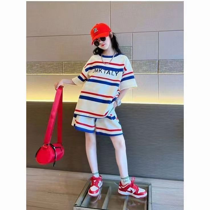 FG25053004女童夏季潮流套裝2025新兒童短袖套裝藍白條紋套裝