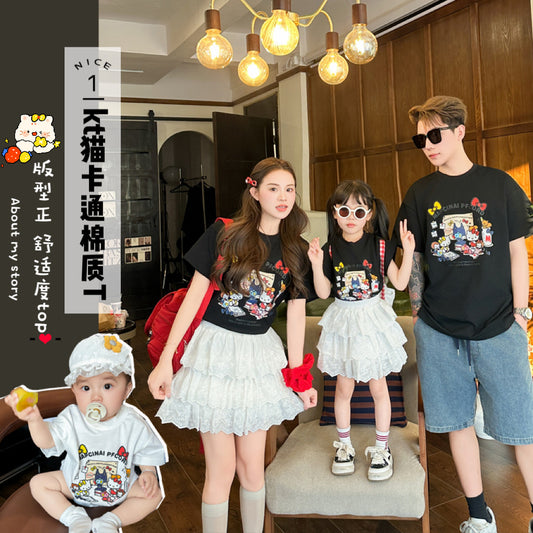 L25041716炸街親子裝卡通短袖t恤2025夏季新款高級感百搭親子母女嬰兒裝潮