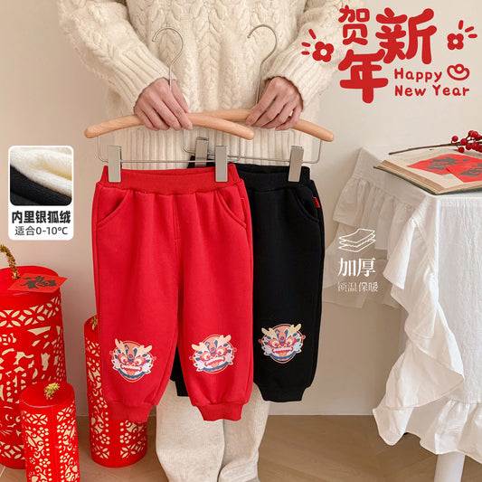 CA24011807秋冬季龍年拜年兒童加絨褲卡通休閒男女褲子外穿保暖寶寶睡褲裝