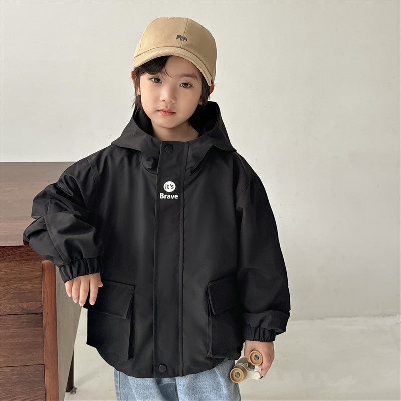 GJ25082703秋季新款男童連帽衝鋒衣軟殼外套兒童戶外秋裝衣服露營